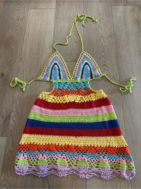 Handmade Crochet Rainbow Halter Dress Boho Festival Beach Cover Up Open Knit